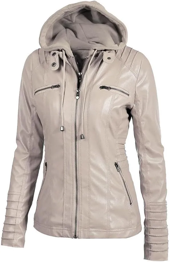 Womens Faux Leather Jacket Lambskin Bomber Leather Jacket Casual Moto Biker Zip up Coat with Removeable Hood