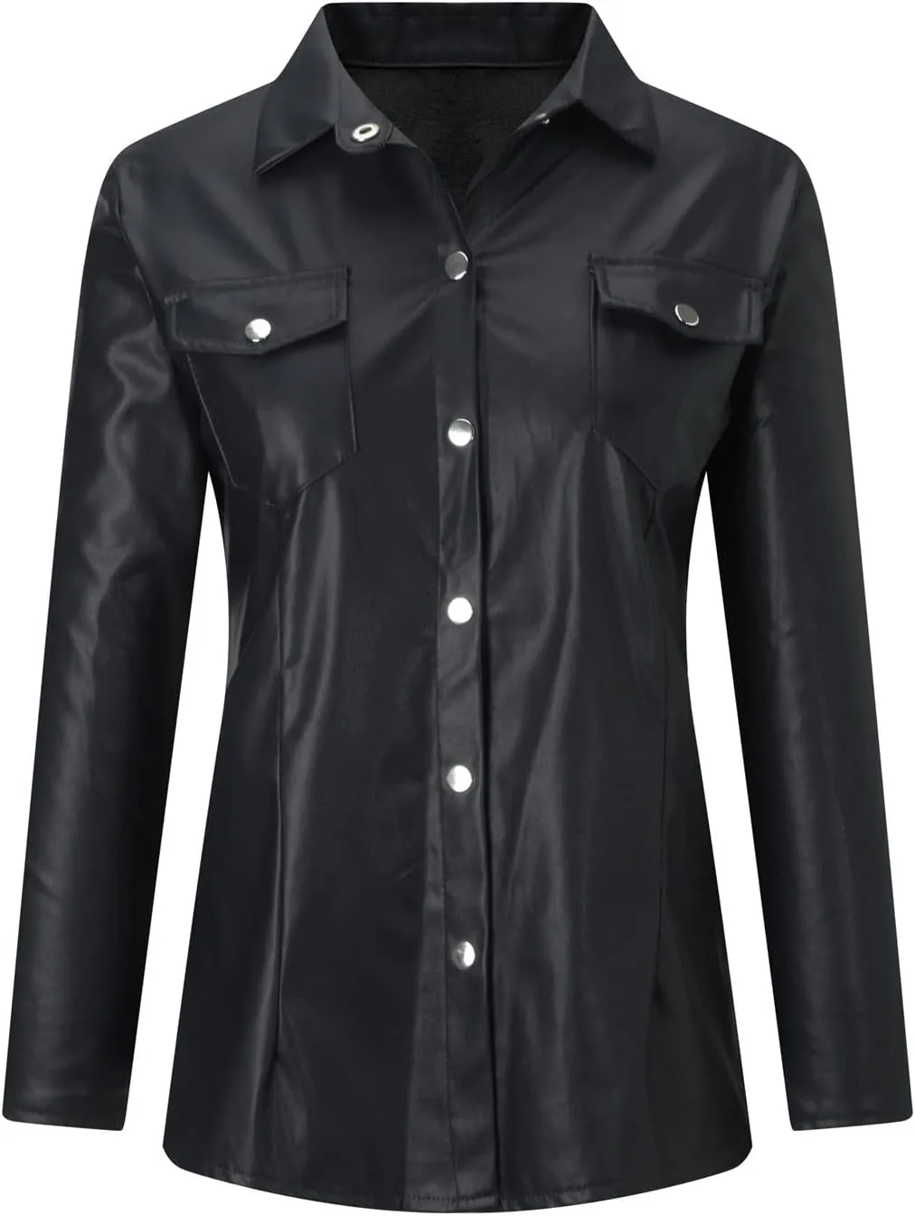 Women's Faux Leather Jacket Soft PU Snap Button Down Shirt Shacket Long Sleeve Motorcycle Fashion Leather Jacket