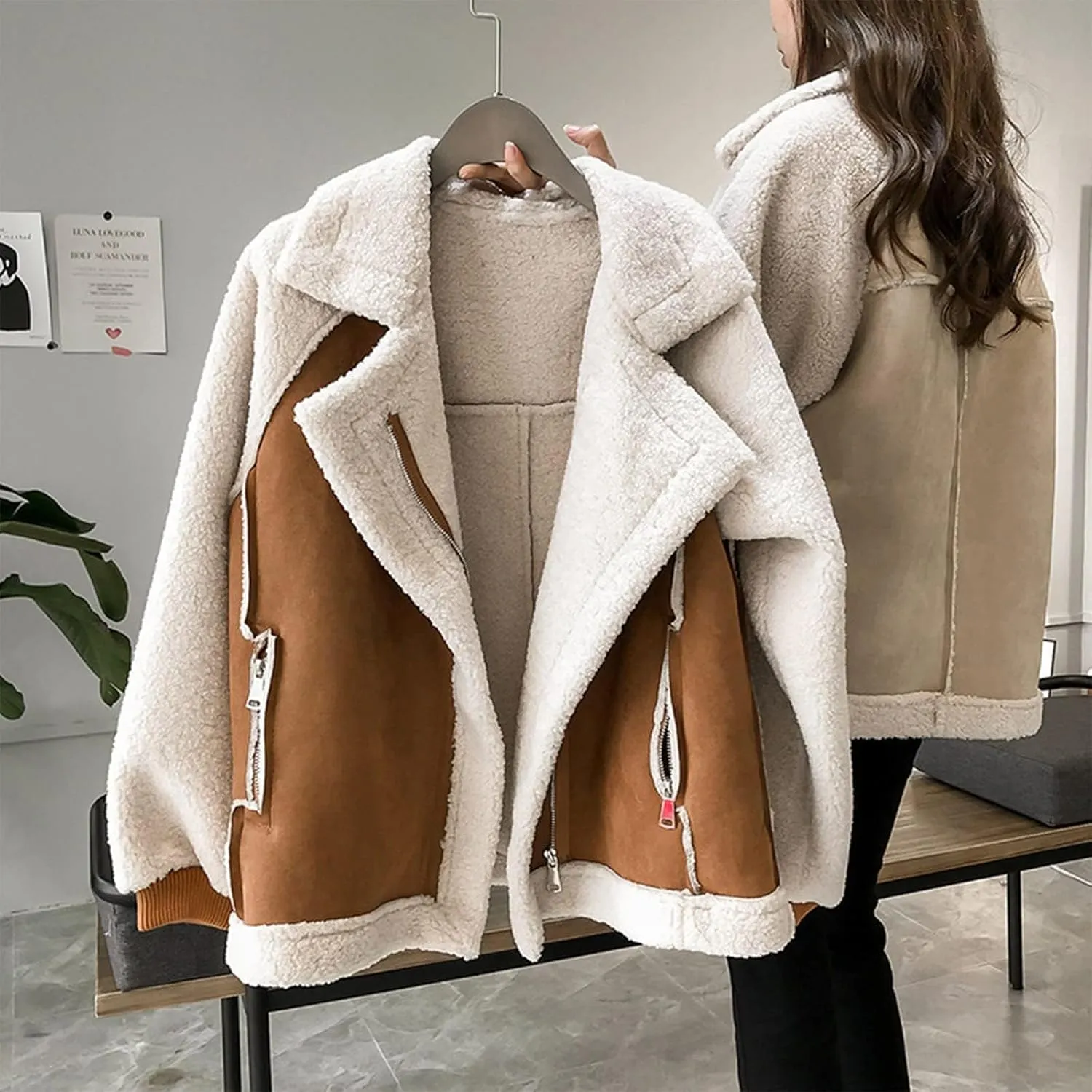 Womens Faux Leather Lambs Leather Jacket Moto Biker Coat Wool Fur Collar Zipper Jacket Winter Warm Thick Outwear