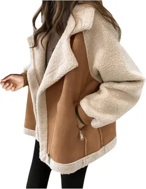 Womens Faux Leather Lambs Leather Jacket Moto Biker Coat Wool Fur Collar Zipper Jacket Winter Warm Thick Outwear