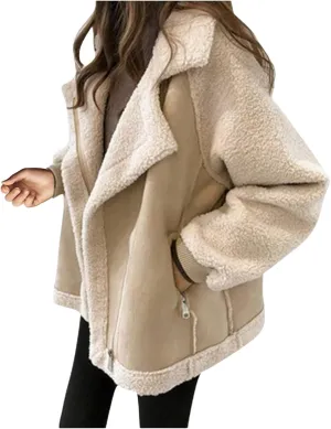 Womens Faux Leather Lambs Leather Jacket Moto Biker Coat Wool Fur Collar Zipper Jacket Winter Warm Thick Outwear
