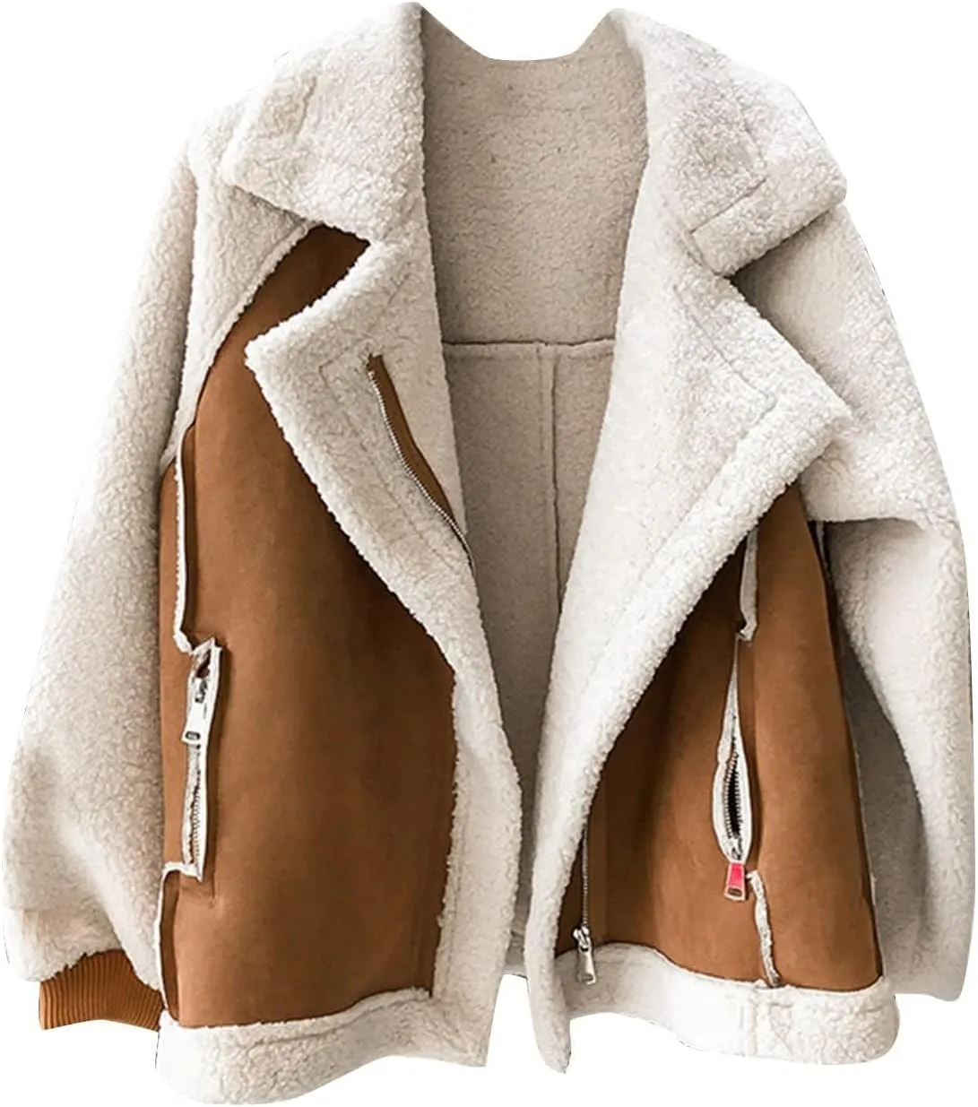 Womens Faux Leather Lambs Leather Jacket Moto Biker Coat Wool Fur Collar Zipper Jacket Winter Warm Thick Outwear
