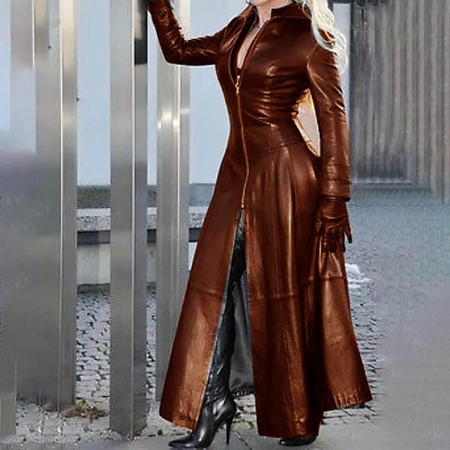 Womens Faux Pu Leather Trench Jacket Fashion Sexy Zip Maxi Moto Biker Jackets Overcoat Long Sleeve Outerwear Tops