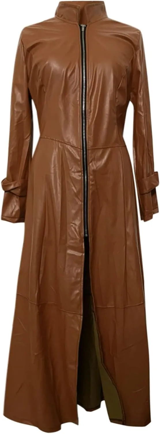 Womens Faux Pu Leather Trench Jacket Fashion Sexy Zip Maxi Moto Biker Jackets Overcoat Long Sleeve Outerwear Tops