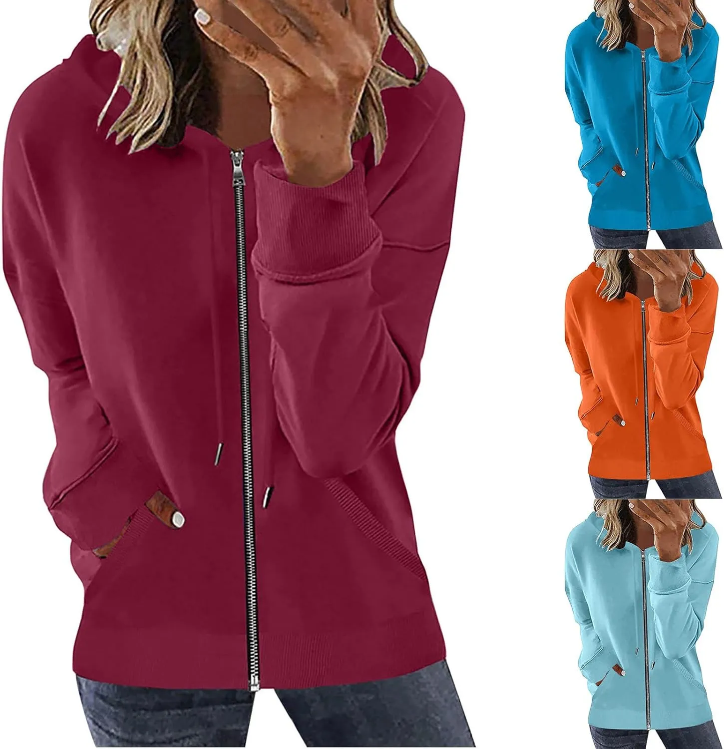 Womens Full Zip Up Hoodies Trendy 2023 Lightweight Fall Jackets Long Sleeve Solid Tunic Tops Hooded Zipper Sweatshirts