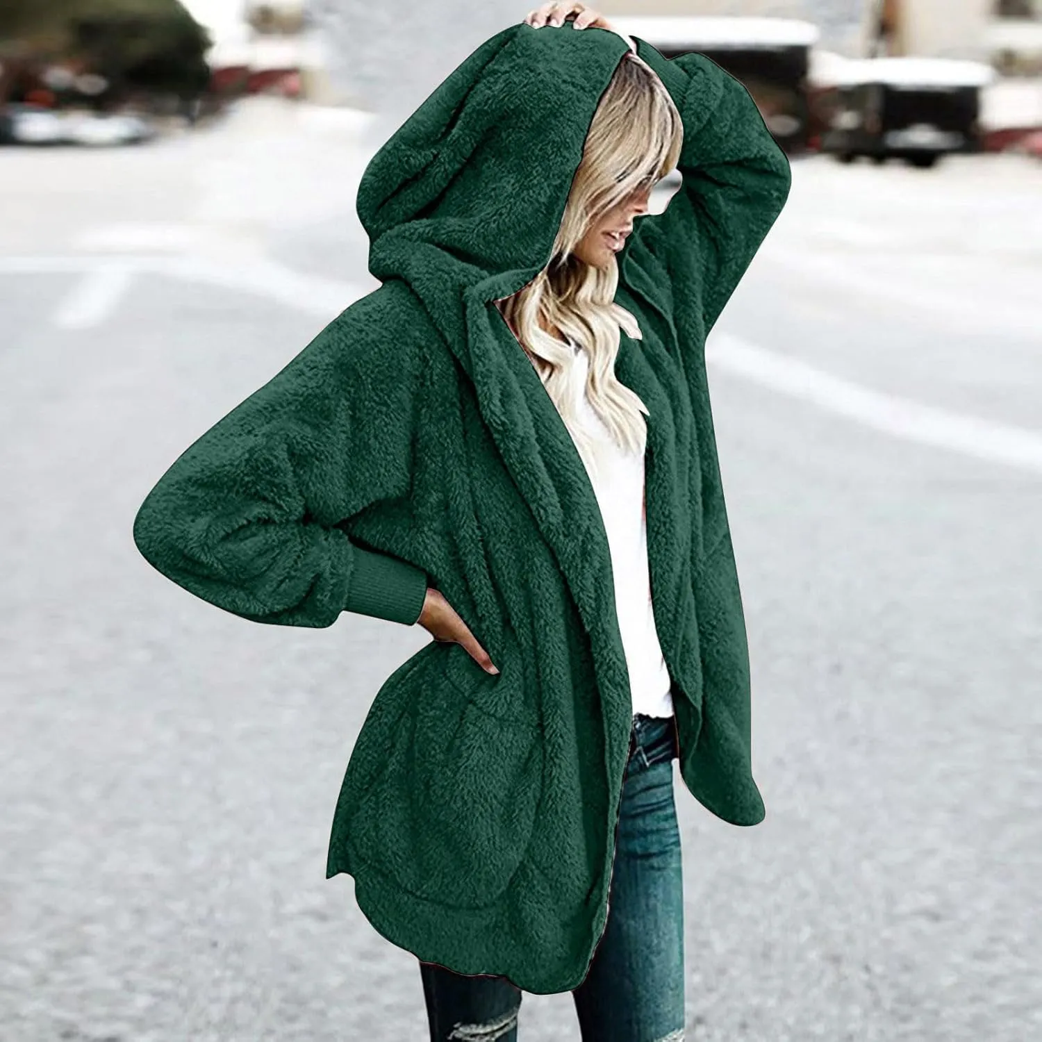 Womens Fuzzy Fleece Cardigan Coat Casual Oversized Open Front Sherpa Hooded Jackets Warm Winter Fluffy Outerwear