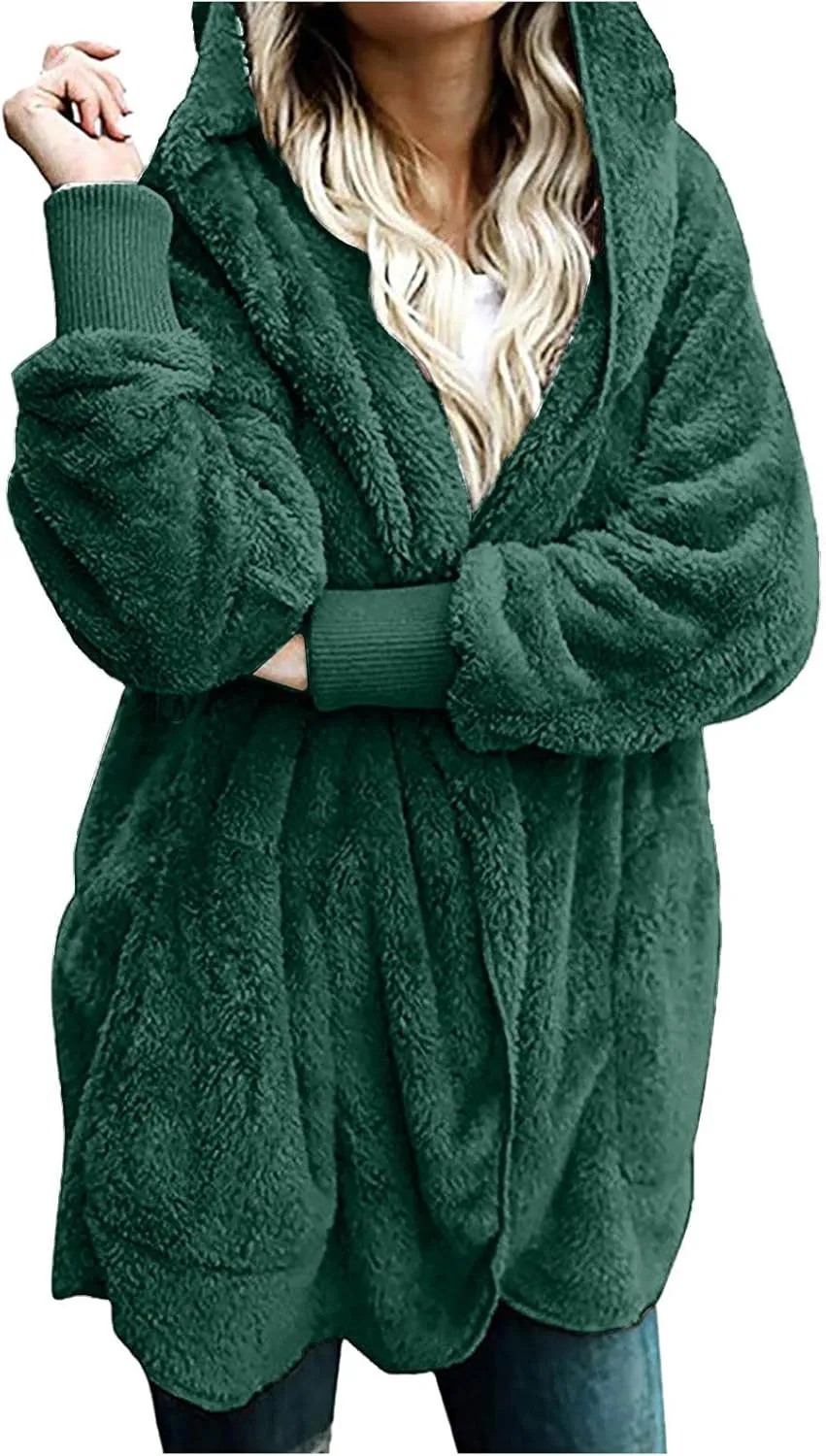 Womens Fuzzy Fleece Cardigan Coat Casual Oversized Open Front Sherpa Hooded Jackets Warm Winter Fluffy Outerwear