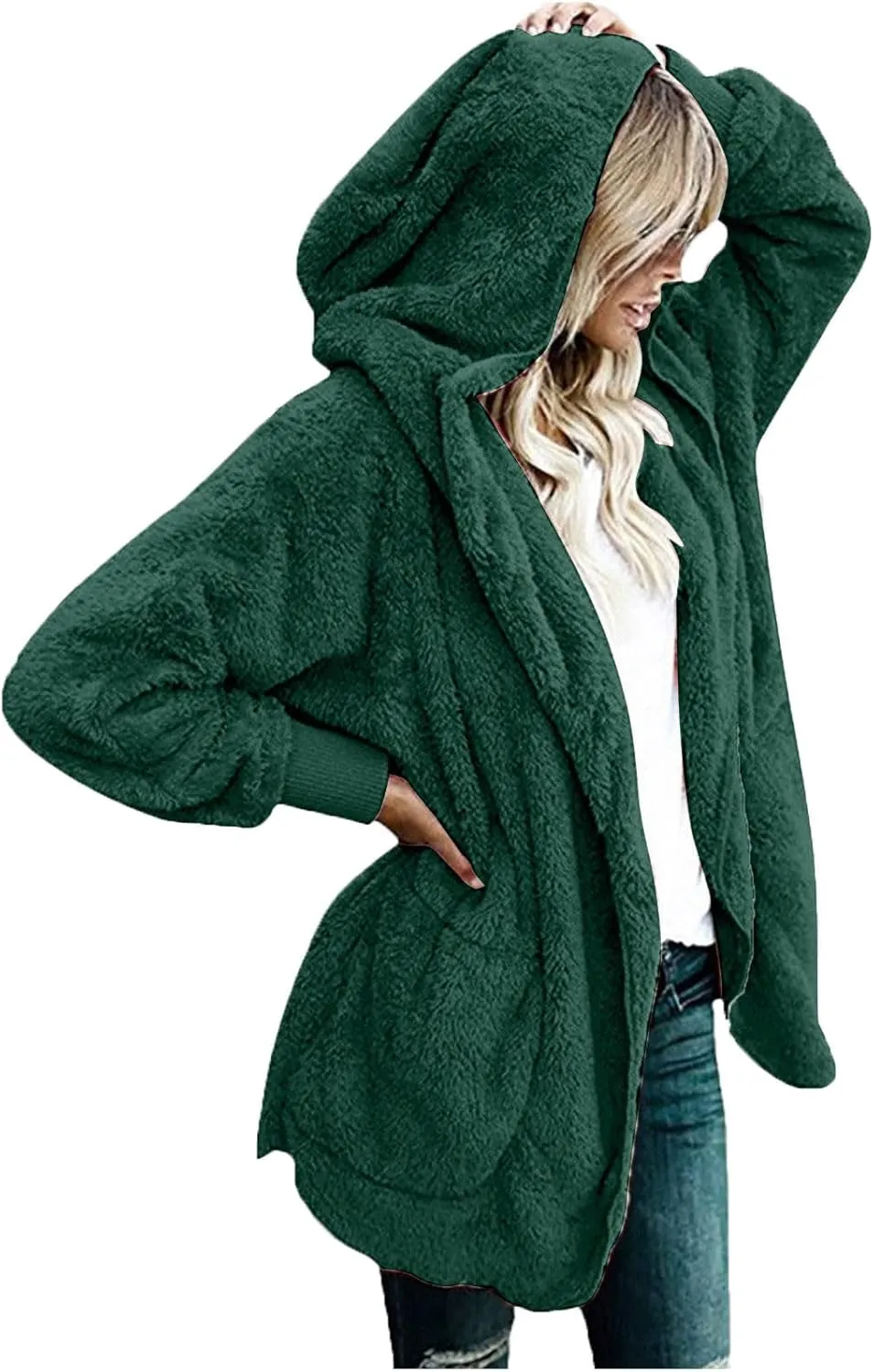 Womens Fuzzy Fleece Cardigan Coat Casual Oversized Open Front Sherpa Hooded Jackets Warm Winter Fluffy Outerwear