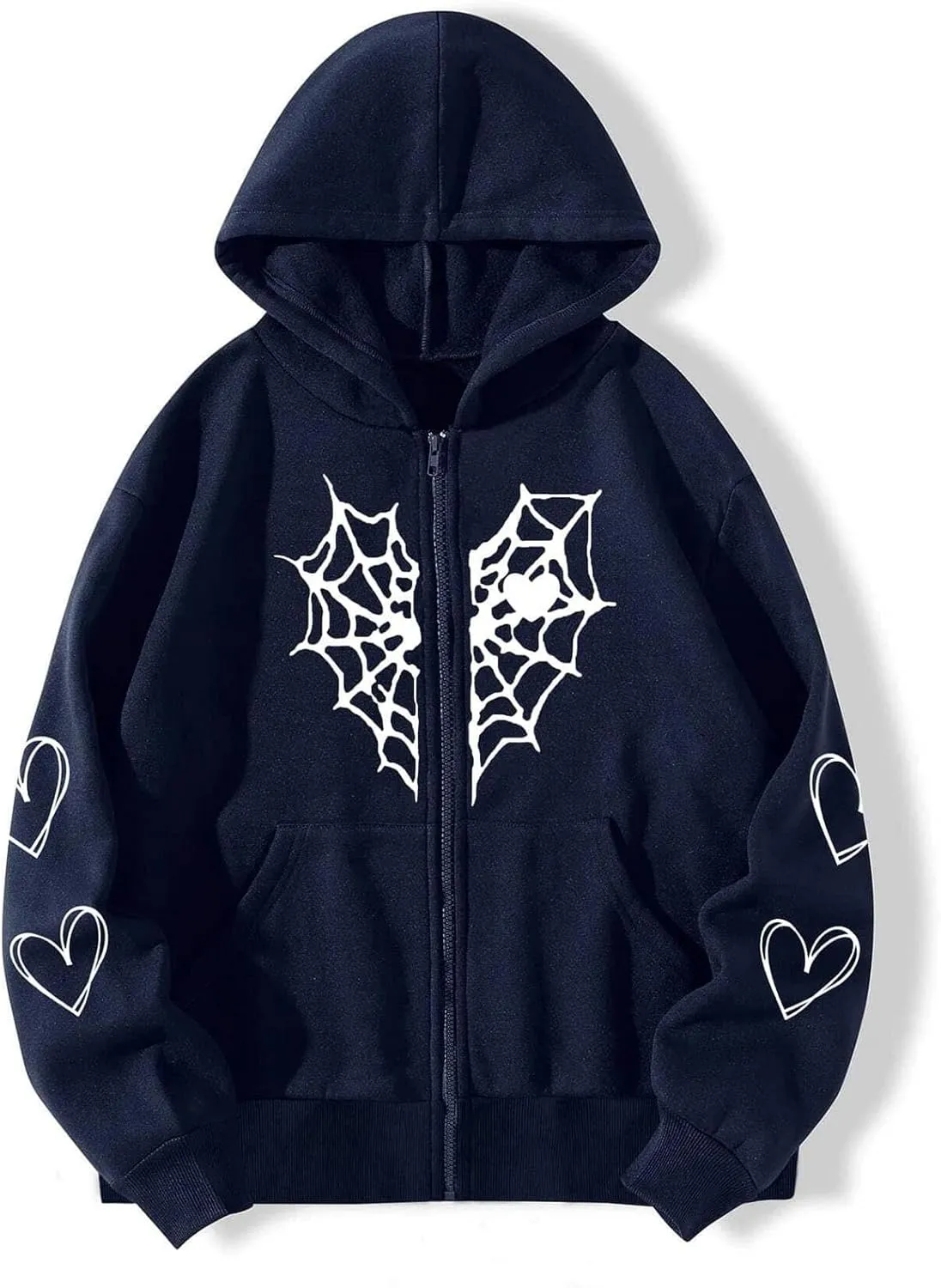 Women's Halloween Zip Up Hoodie Funny Spider Net Graphic Y2K Oversized Sweatshirt Goth Punk Jackets Streetwear