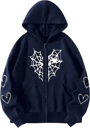 Women's Halloween Zip Up Hoodie Funny Spider Net Graphic Y2K Oversized Sweatshirt Goth Punk Jackets Streetwear