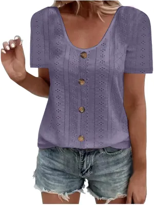 Womens Hollow Shirts Eyelet Scoop Neck Short Sleeve Business Casual Loose Plain Blouses Daily Summer Trendy Tops