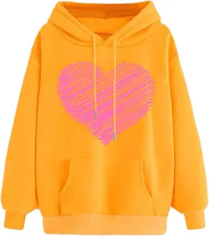 Womens Hoodies Pullover Fall Fashion Love Heart Print Long Sleeve Oversized Sweatshirt Loose Fit Blouses with Pockets