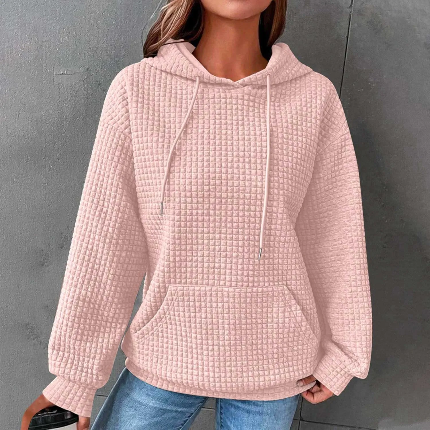 Womens Hoodies Waffle Hooded Sweatshirt Long Sleeve Casual Loose Fit Pullover Tops 2024 Fall Fashion with Pocket