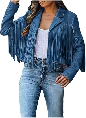 Women's Leather Jacket Faux Suede Fringe Jacket Fall Long Sleeve Lapel Vintage Coats Open Front Tassel Cardigan