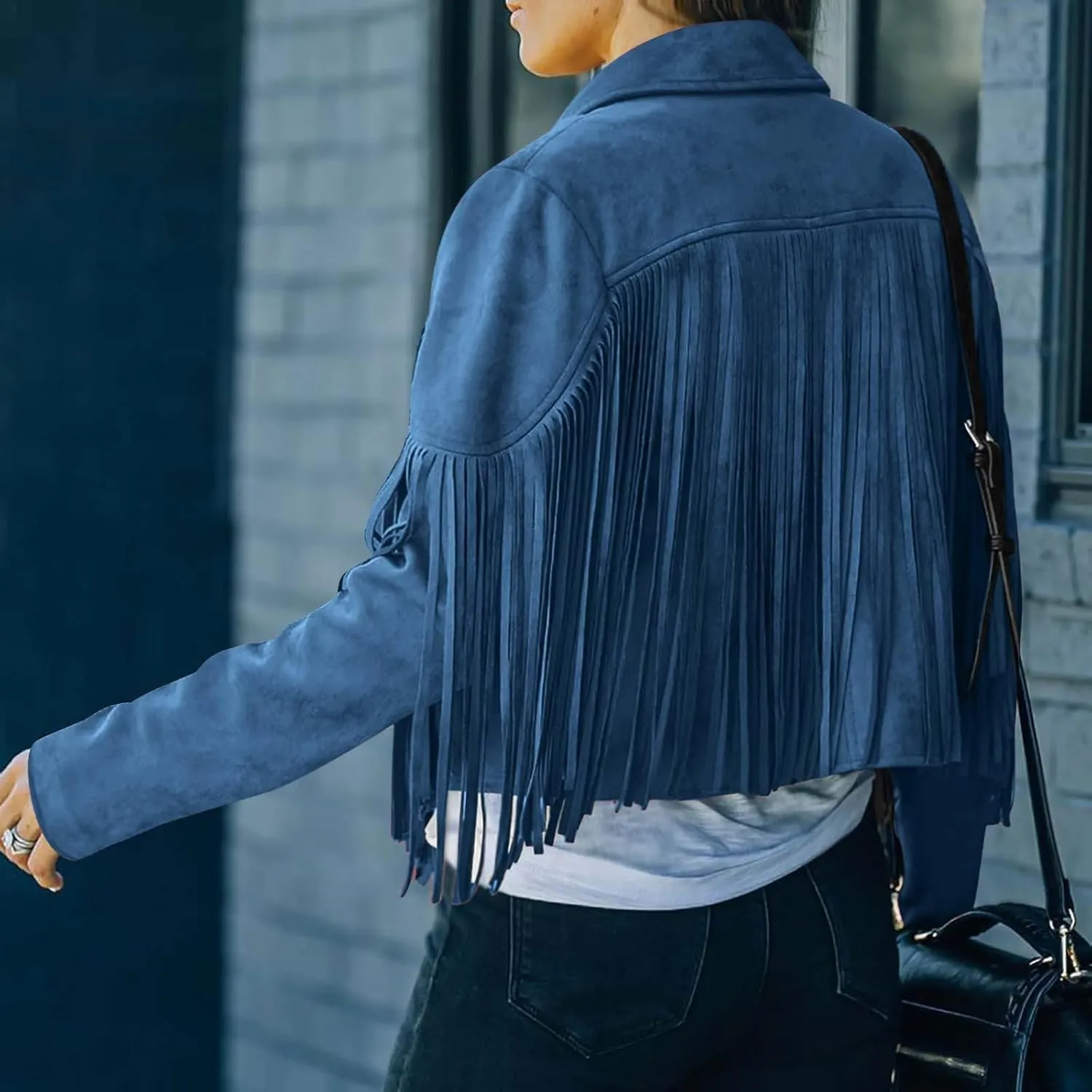 Women's Leather Jacket Faux Suede Fringe Jacket Fall Long Sleeve Lapel Vintage Coats Open Front Tassel Cardigan