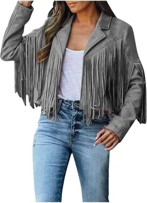 Women's Leather Jacket Faux Suede Fringe Jacket Long Sleeve Lapel Vintage Coats Open Front Tassel Cardigan