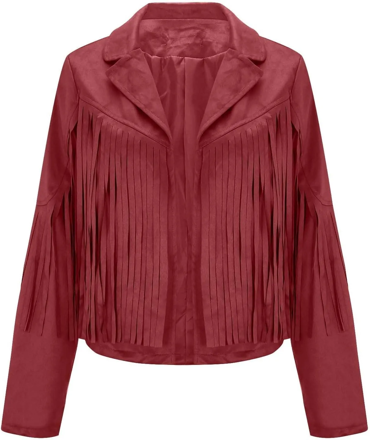 Women's Leather Jacket Faux Suede Fringe Jacket Long Sleeve Lapel Vintage Coats Open Front Tassel Cardigan