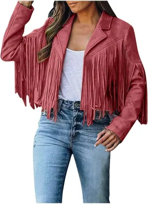 Women's Leather Jacket Faux Suede Fringe Jacket Long Sleeve Lapel Vintage Coats Open Front Tassel Cardigan