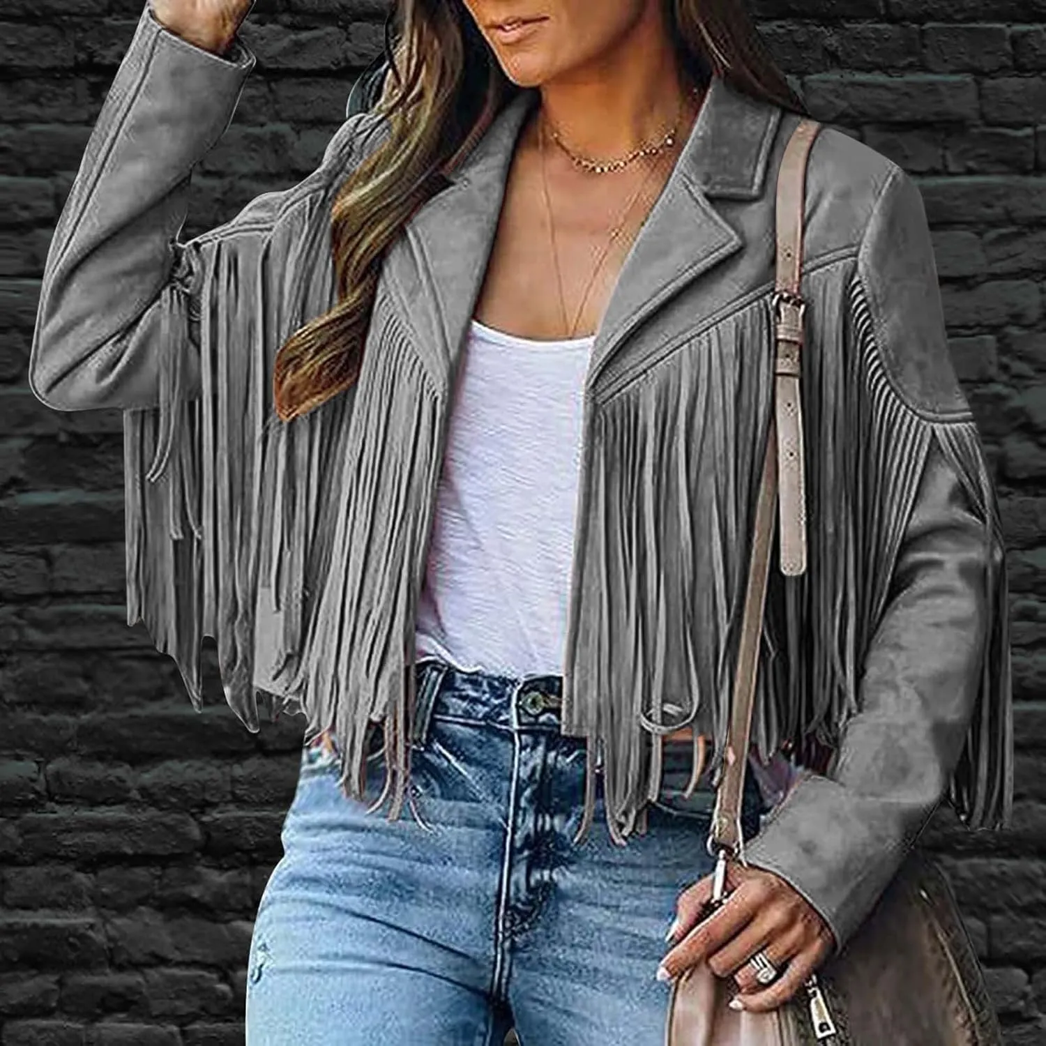 Women's Leather Jacket Faux Suede Fringe Jacket Long Sleeve Lapel Vintage Coats Open Front Tassel Cardigan