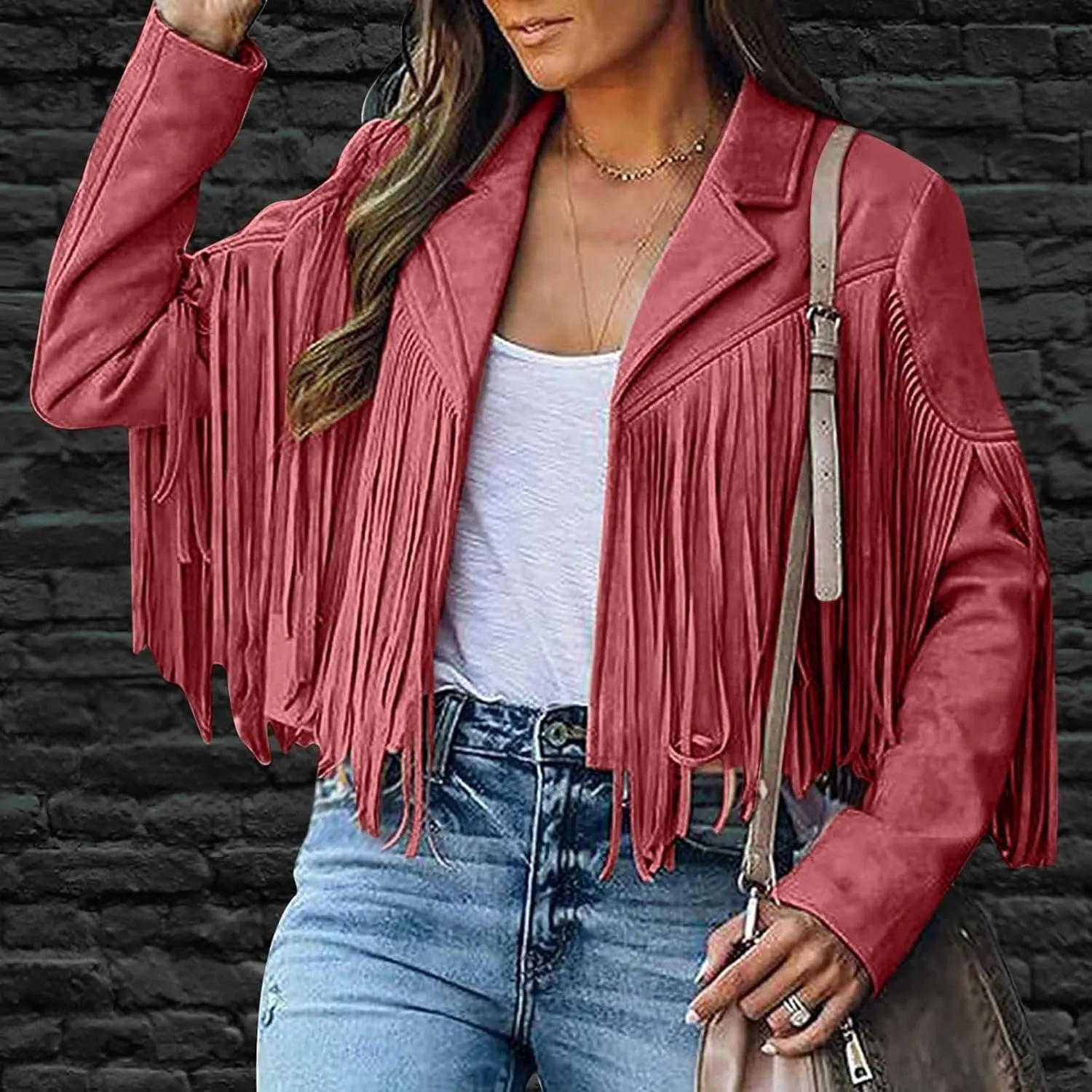 Women's Leather Jacket Faux Suede Fringe Jacket Long Sleeve Lapel Vintage Coats Open Front Tassel Cardigan