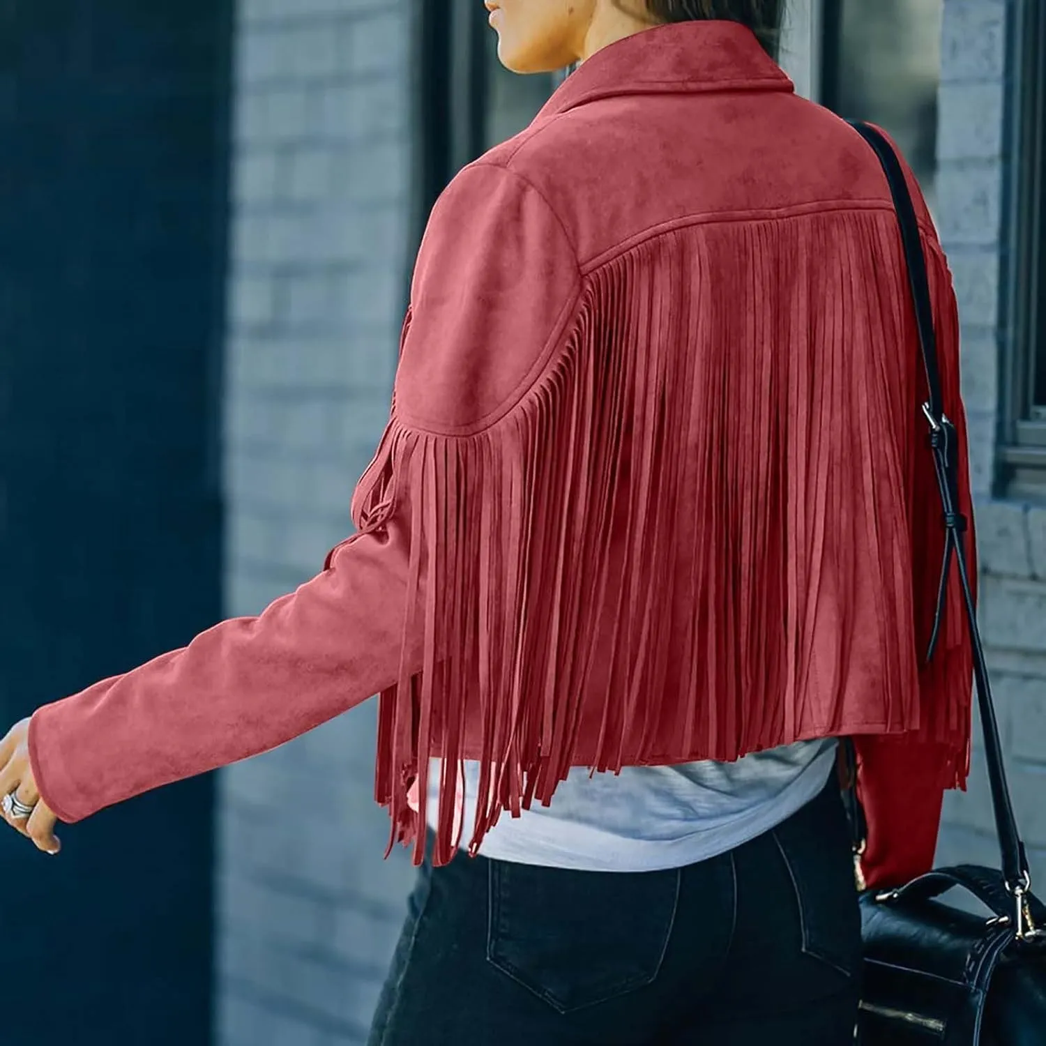 Women's Leather Jacket Faux Suede Fringe Jacket Long Sleeve Lapel Vintage Coats Open Front Tassel Cardigan