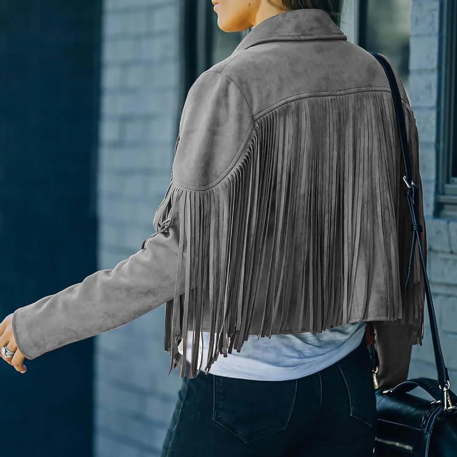 Women's Leather Jacket Faux Suede Fringe Jacket Long Sleeve Lapel Vintage Coats Open Front Tassel Cardigan
