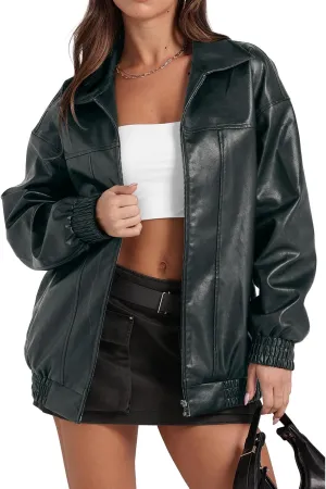 Womens Leather Jacket Oversized Leather Bomber Jackets Faux Suede Fall Fashion Motorcycle Coats Black Biker Outfits