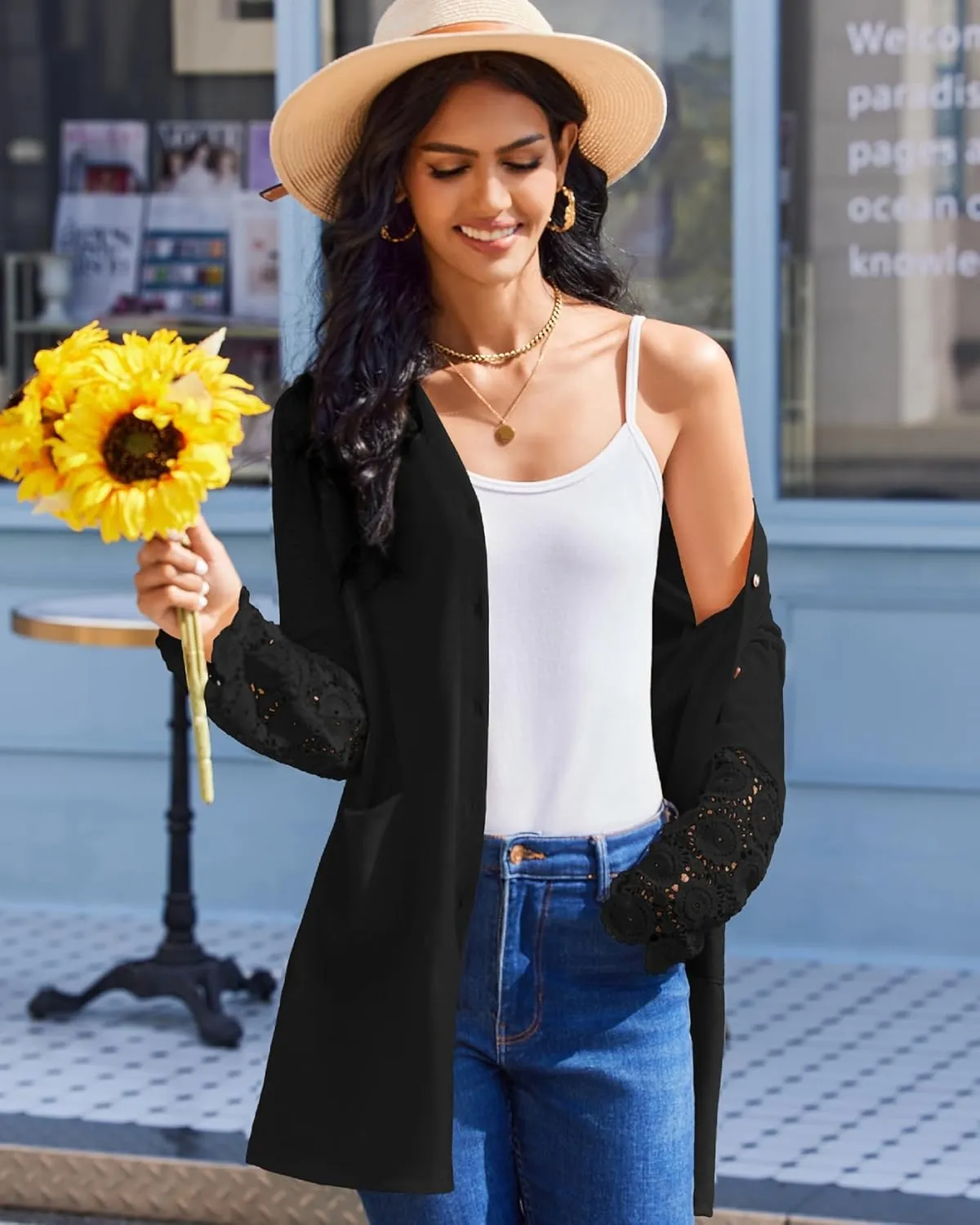 Womens Lightweight Cardigan Casual Long Lace Sleeve Knitted Cardigan Sweaters Open Front Button Down Pockets Outwear