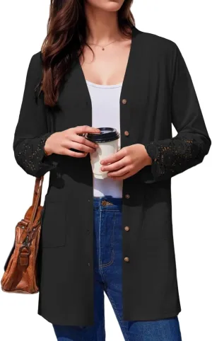 Womens Lightweight Cardigan Casual Long Lace Sleeve Knitted Cardigan Sweaters Open Front Button Down Pockets Outwear