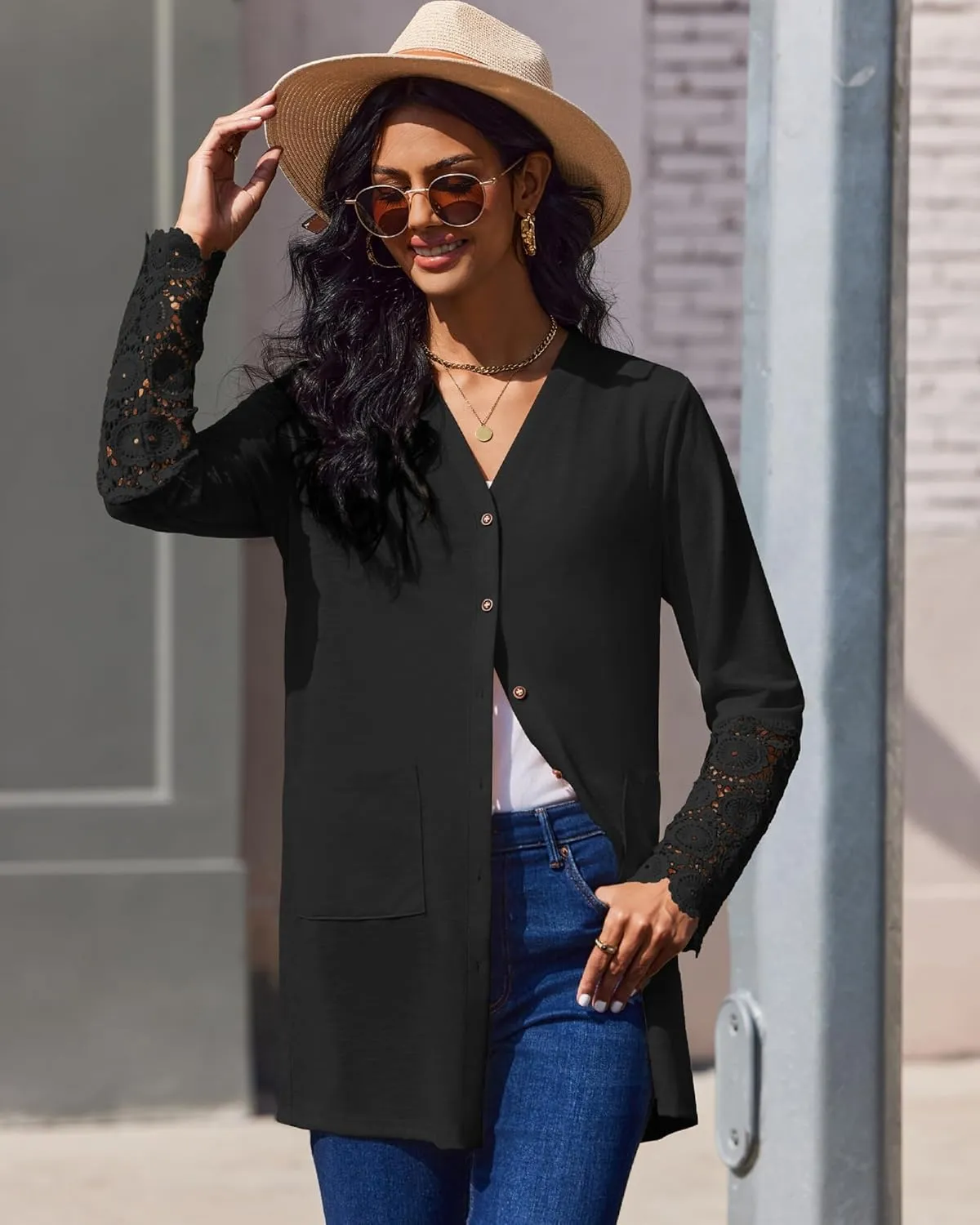 Womens Lightweight Cardigan Casual Long Lace Sleeve Knitted Cardigan Sweaters Open Front Button Down Pockets Outwear