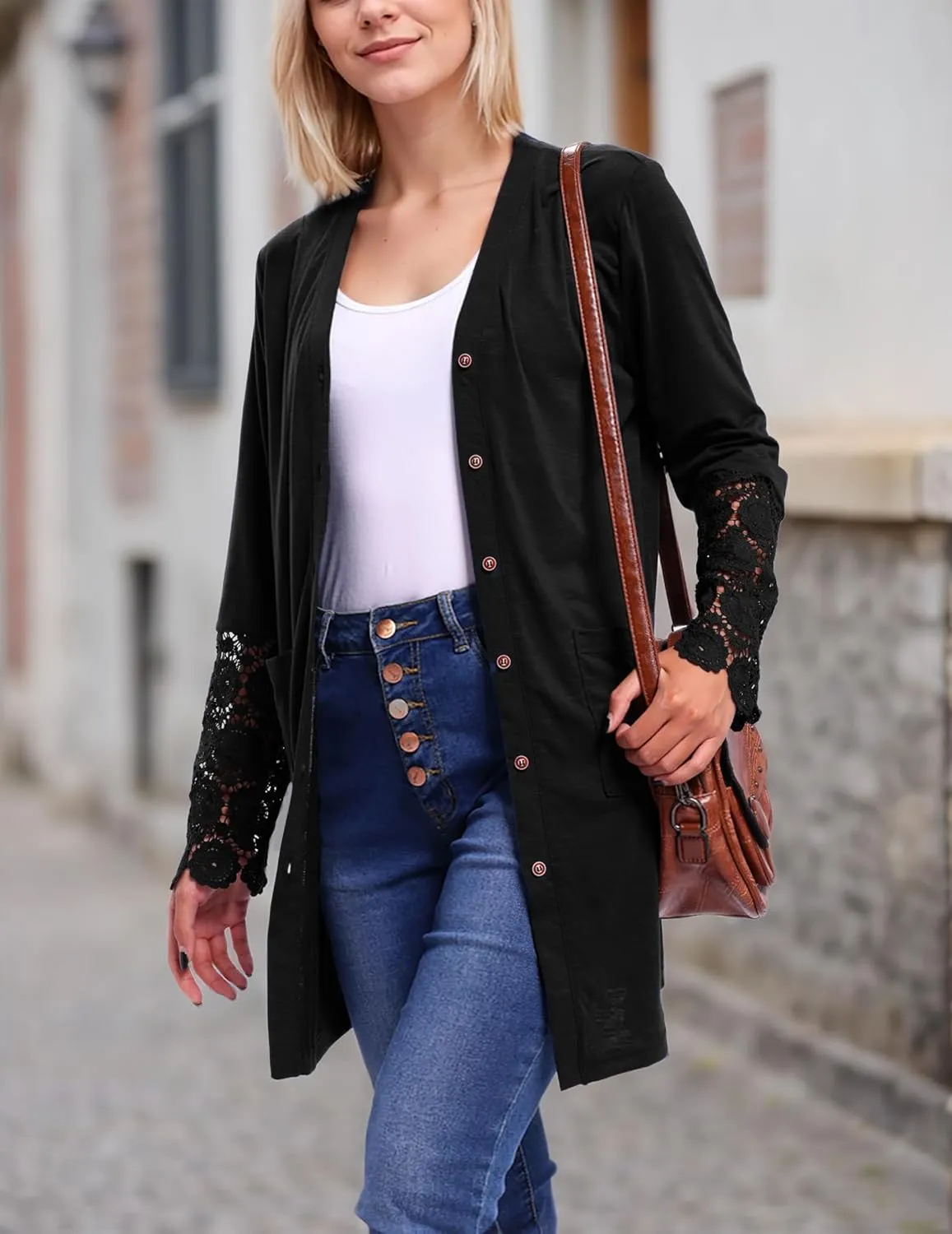 Womens Lightweight Cardigan Casual Long Lace Sleeve Knitted Cardigan Sweaters Open Front Button Down Pockets Outwear
