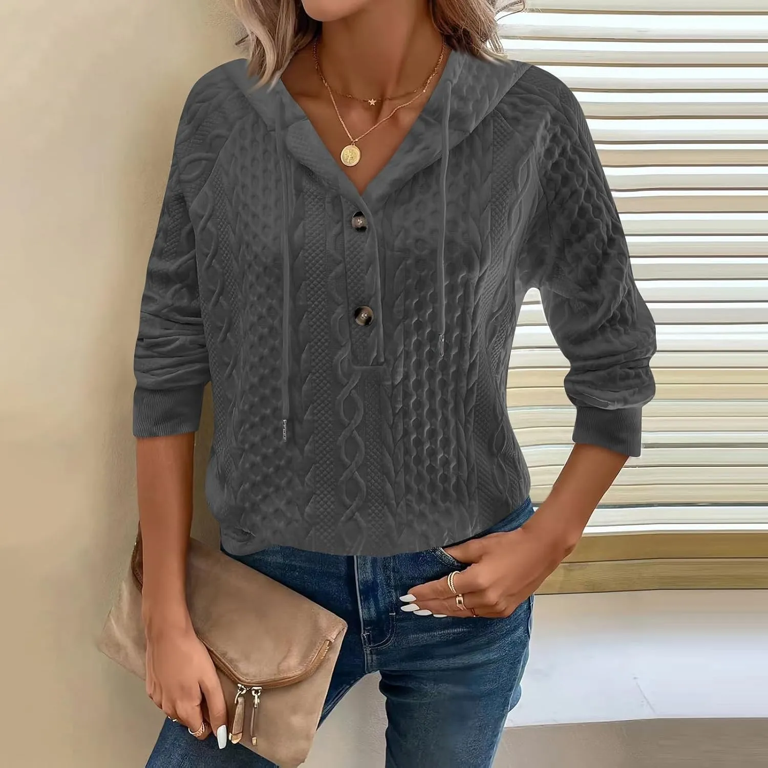 Women's Long Sleeve Hooded Trendy Drawstring Sweatshirt 2024 Button Loose V-Neck Top Comfy Slim Clothes