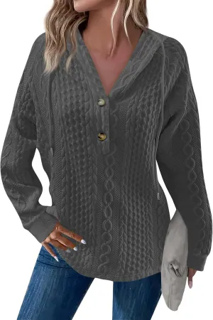 Women's Long Sleeve Hooded Trendy Drawstring Sweatshirt 2024 Button Loose V-Neck Top Comfy Slim Clothes