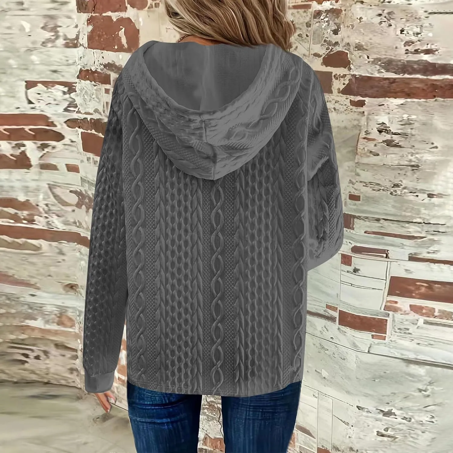 Women's Long Sleeve Hooded Trendy Drawstring Sweatshirt 2024 Button Loose V-Neck Top Comfy Slim Clothes