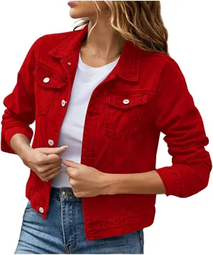 Womens Long Sleeve Jean Jacket Distressed Denim Jacket Slim Fit Basic Button Down Trucker Denim Fall Jackets