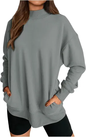 Womens Mock Neck Oversized Sweatshirts with Pockets Fleece Tops Pullover No Hood Sweater for Cold Freezing Weather