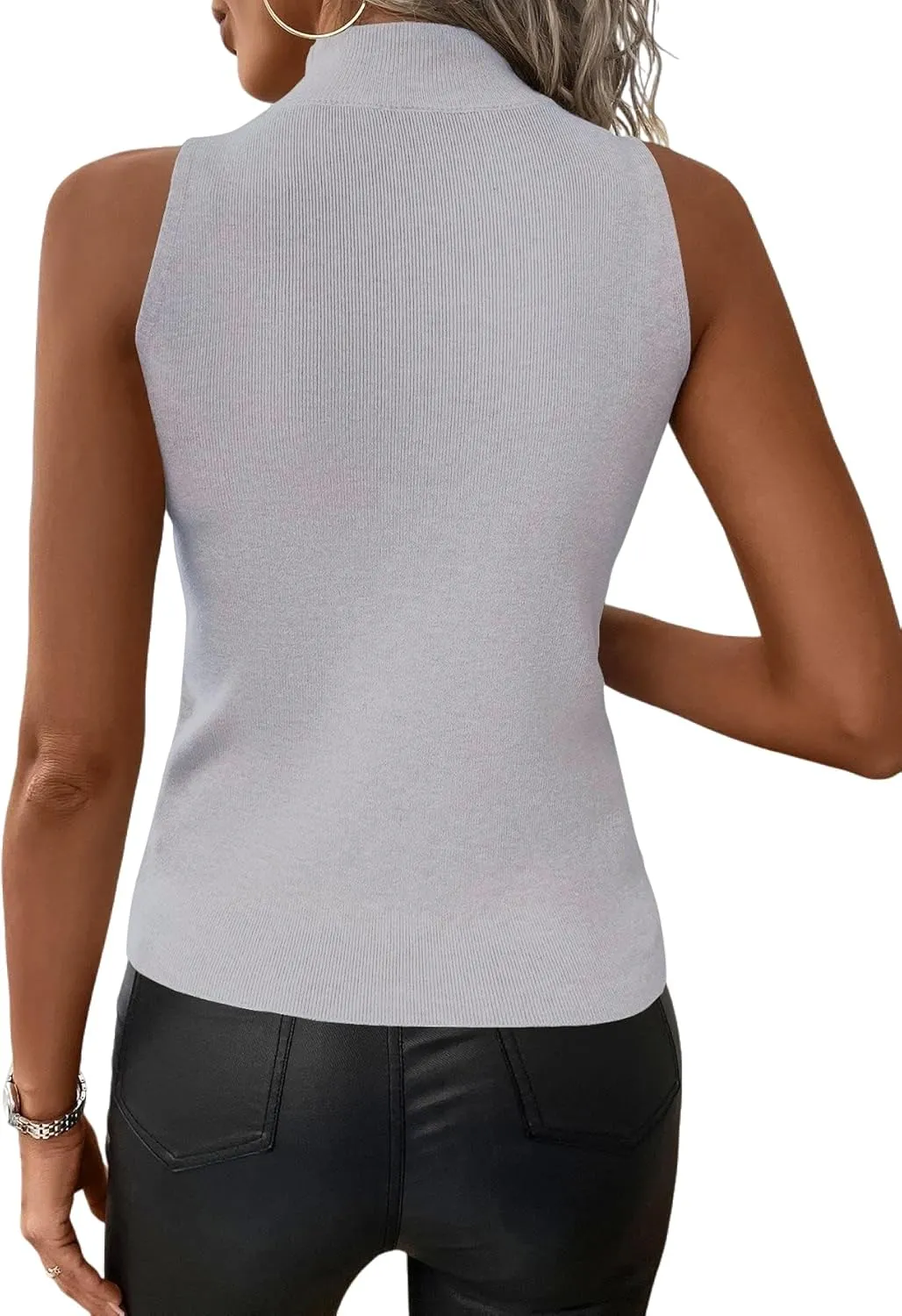 Women's Mock Turtle Neck Tank Tops Slim Fit Ribbed Knit Sleeveless Tops Casual Cami Vest Shirts