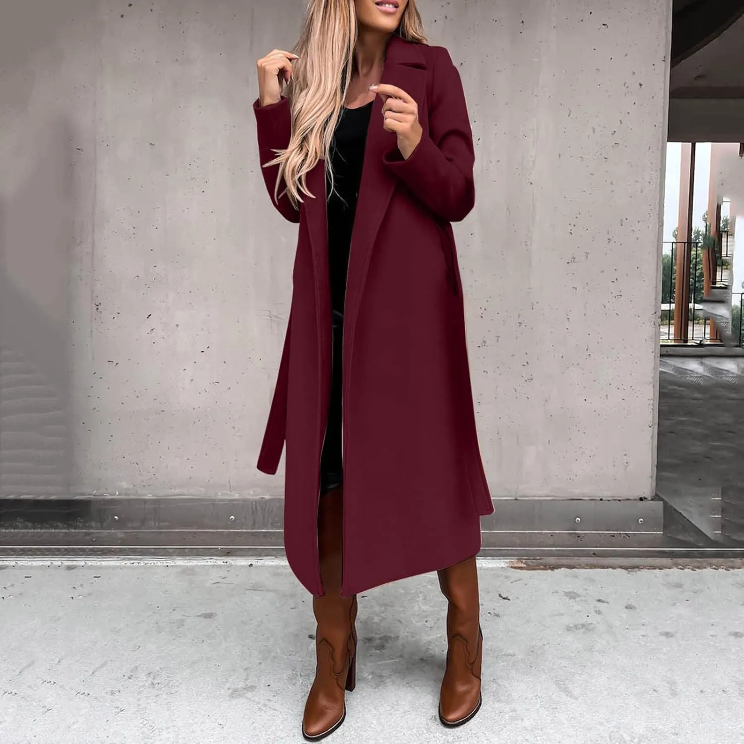 Womens Notch Lapel Trench Coat with Belt Solid Color Jackets Slim Woolen Windproof Outerwear Casual Clothes
