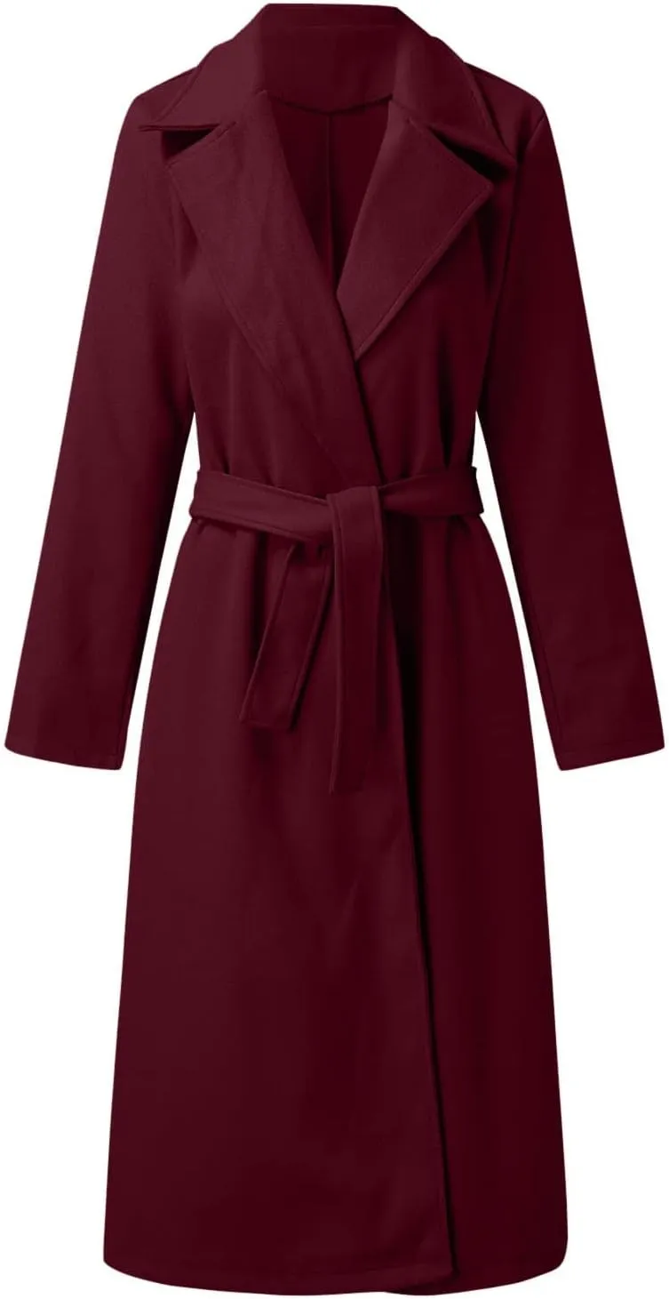 Womens Notch Lapel Trench Coat with Belt Solid Color Jackets Slim Woolen Windproof Outerwear Casual Clothes