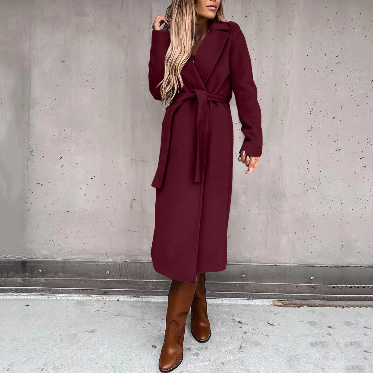 Womens Notch Lapel Trench Coat with Belt Solid Color Jackets Slim Woolen Windproof Outerwear Casual Clothes