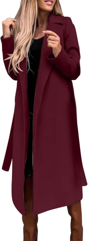Womens Notch Lapel Trench Coat with Belt Solid Color Jackets Slim Woolen Windproof Outerwear Casual Clothes