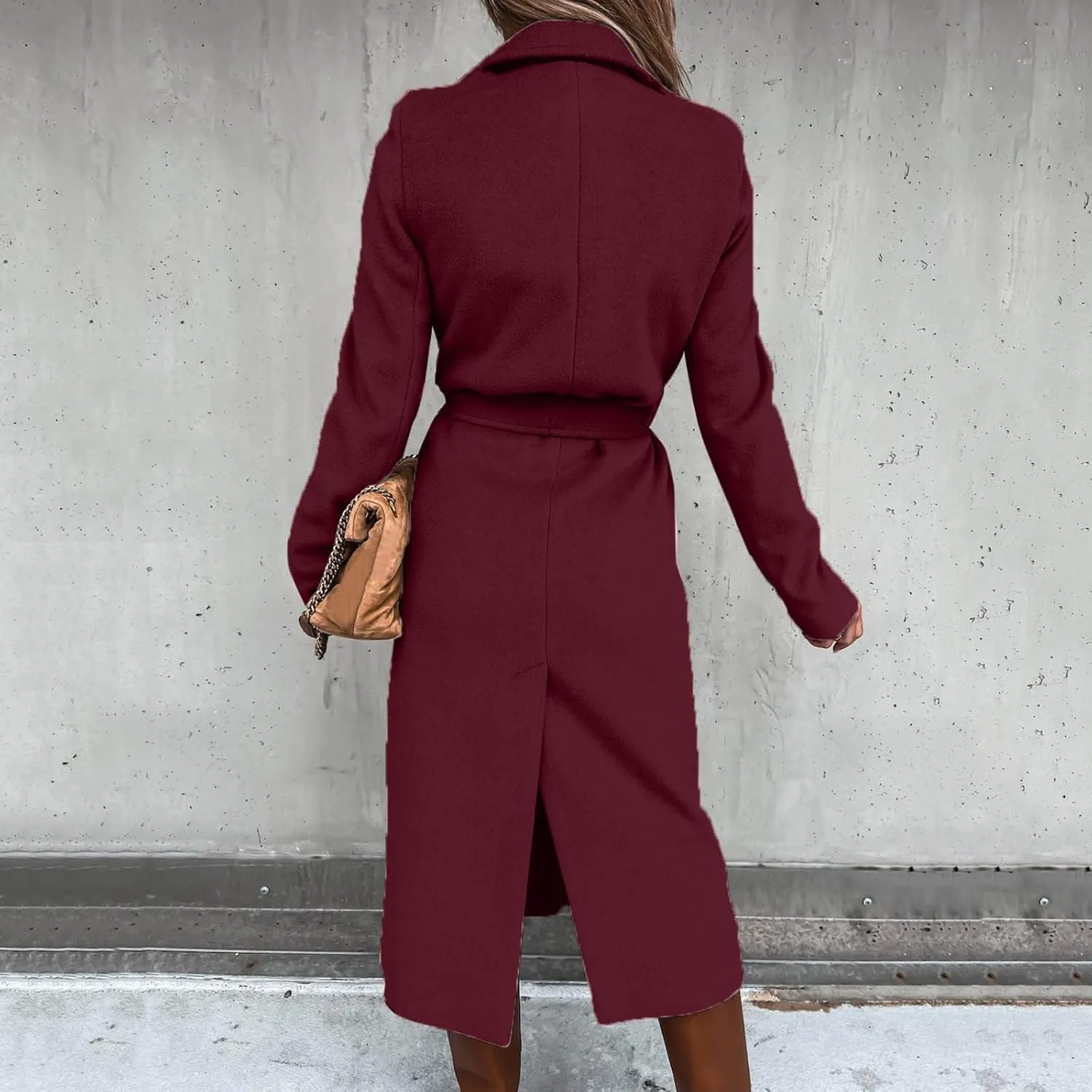 Womens Notch Lapel Trench Coat with Belt Solid Color Jackets Slim Woolen Windproof Outerwear Casual Clothes