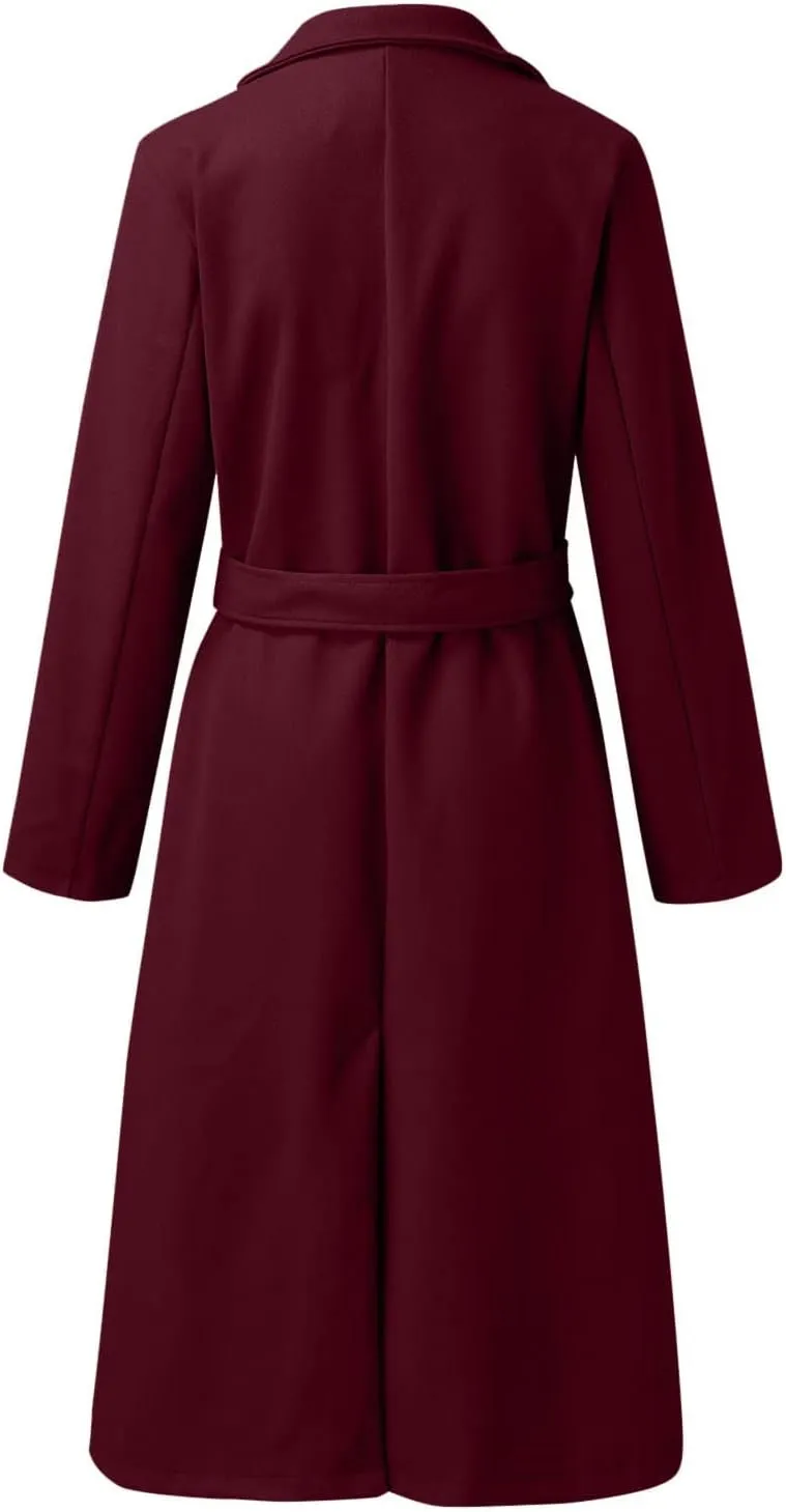 Womens Notch Lapel Trench Coat with Belt Solid Color Jackets Slim Woolen Windproof Outerwear Casual Clothes