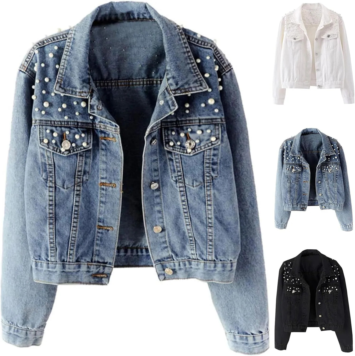 Womens Oversized Denim Jacket Embroidered Beading Pearls Short Jean Jacket Fashion Botton Down Coat