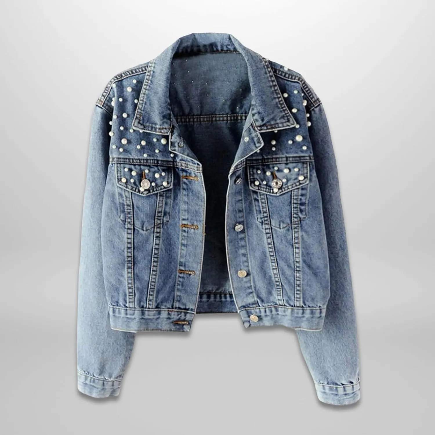 Womens Oversized Denim Jacket Embroidered Beading Pearls Short Jean Jacket Fashion Botton Down Coat