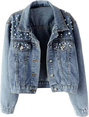 Womens Oversized Denim Jacket Embroidered Beading Pearls Short Jean Jacket Fashion Botton Down Coat