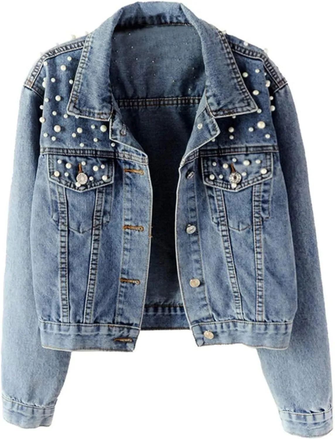 Womens Oversized Denim Jacket Embroidered Beading Pearls Short Jean Jacket Fashion Botton Down Coat