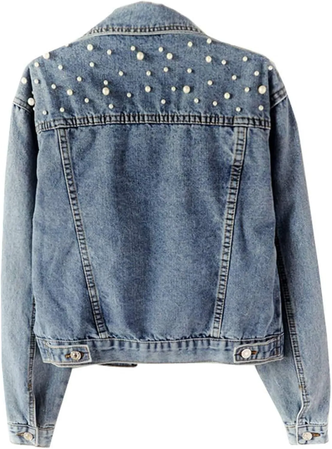 Womens Oversized Denim Jacket Embroidered Beading Pearls Short Jean Jacket Fashion Botton Down Coat