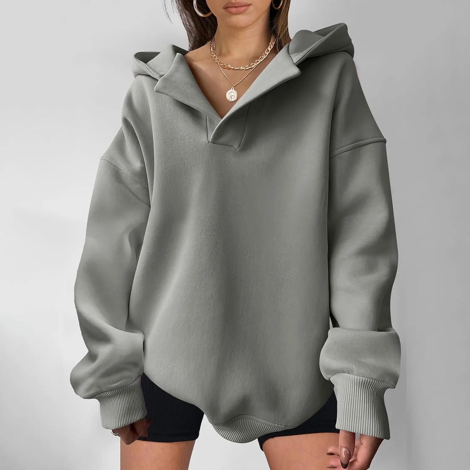 Womens Oversized Hoodies Fleece Long Sleeve Sweatshirts Lapel V Neck Casual Sweaters Pullover Fall Fashion Outfits 2024