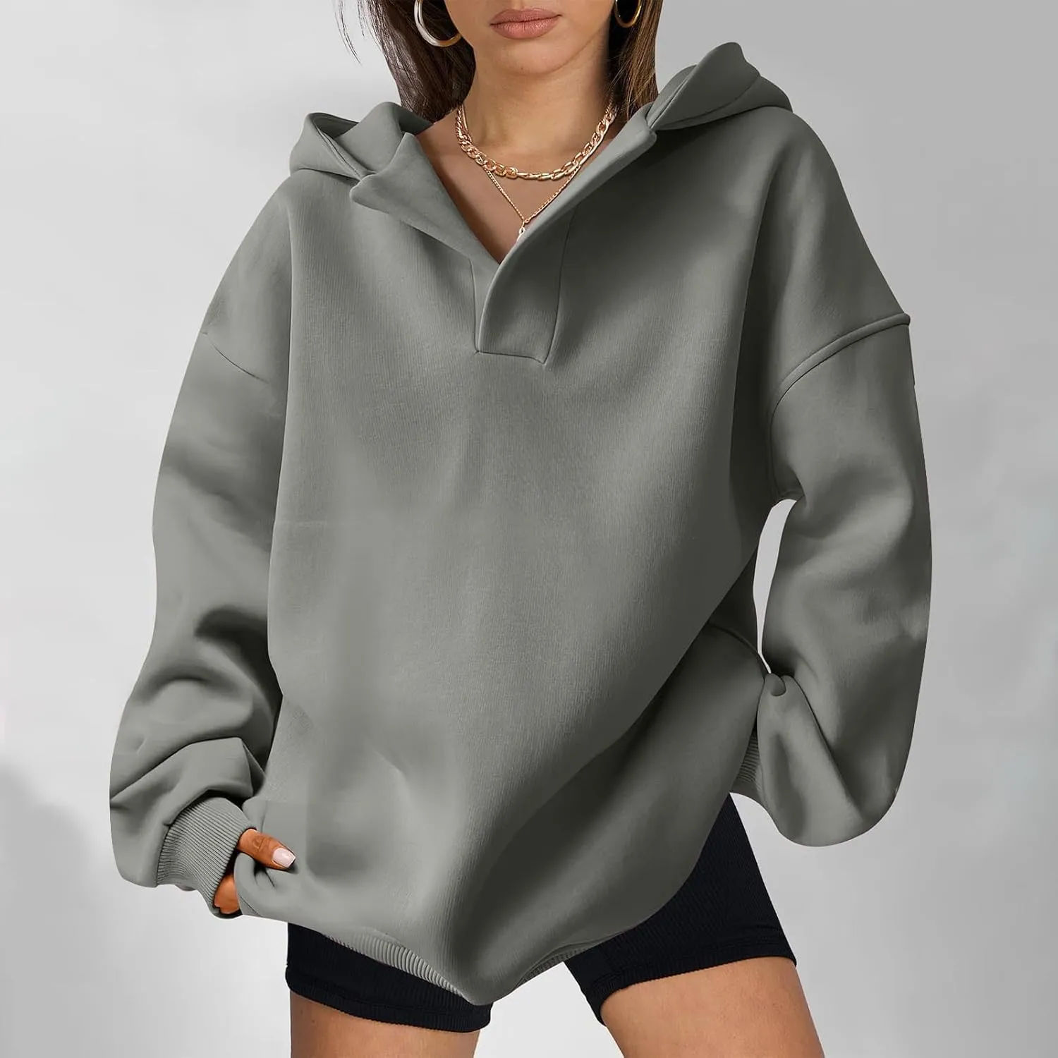 Womens Oversized Hoodies Fleece Long Sleeve Sweatshirts Lapel V Neck Casual Sweaters Pullover Fall Fashion Outfits 2024